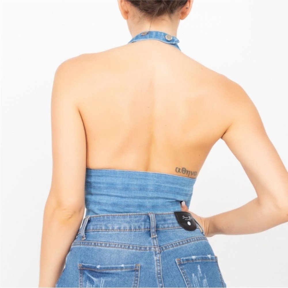 Denim Halter Crop Top Light Blue - Picture 4 of 6